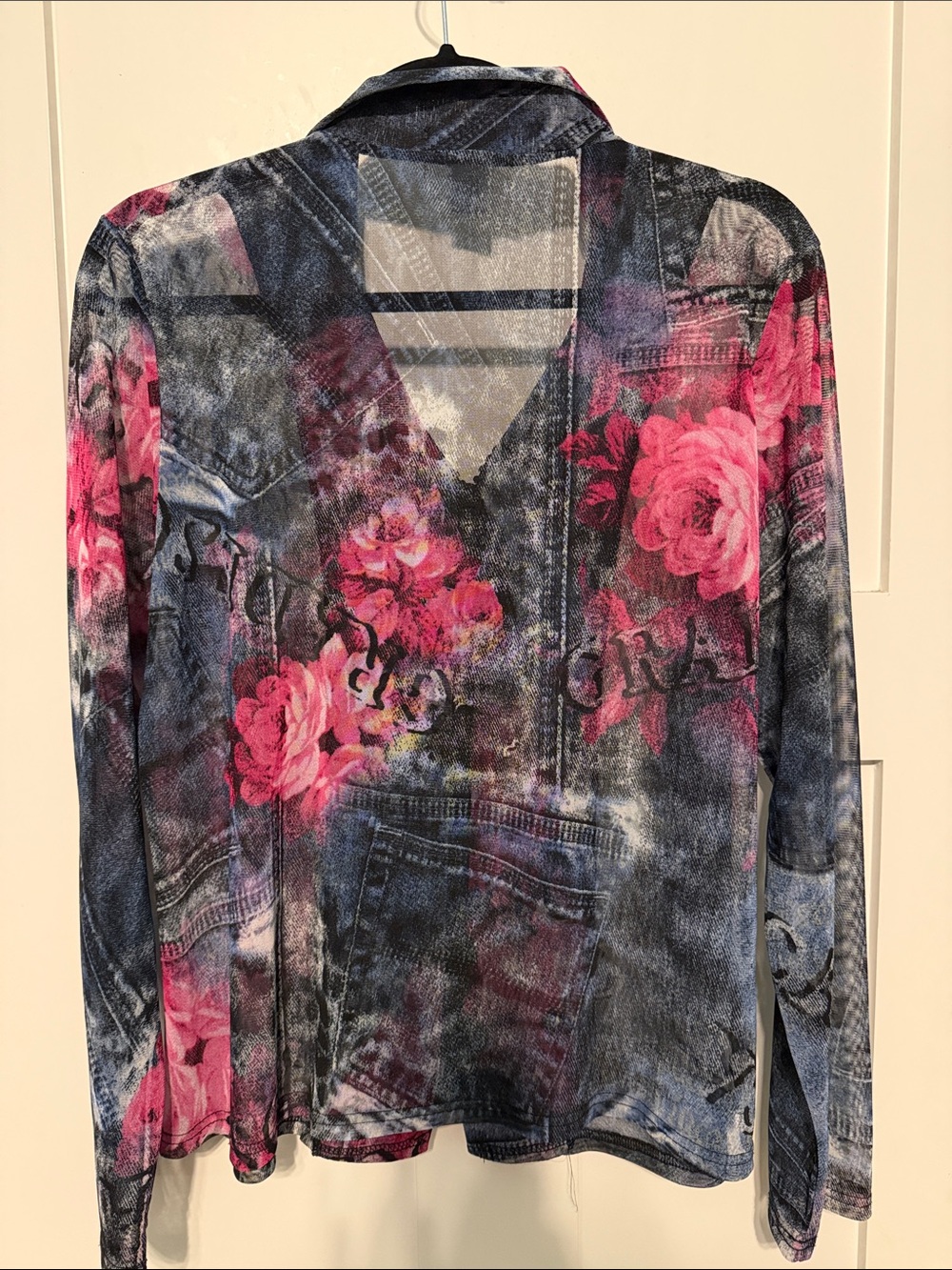 Damee Y2K Sheer Pink Floral Print Jean-Style Zip Jacket with Rhinestone Zipper - Picture 4 of 8
